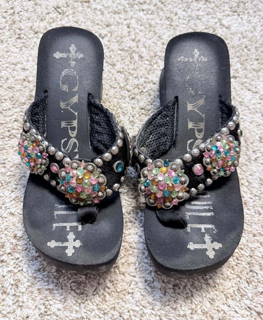 Gypsy Soule Wedge Flip Flops Black Jeweled Rhinestone Sandals